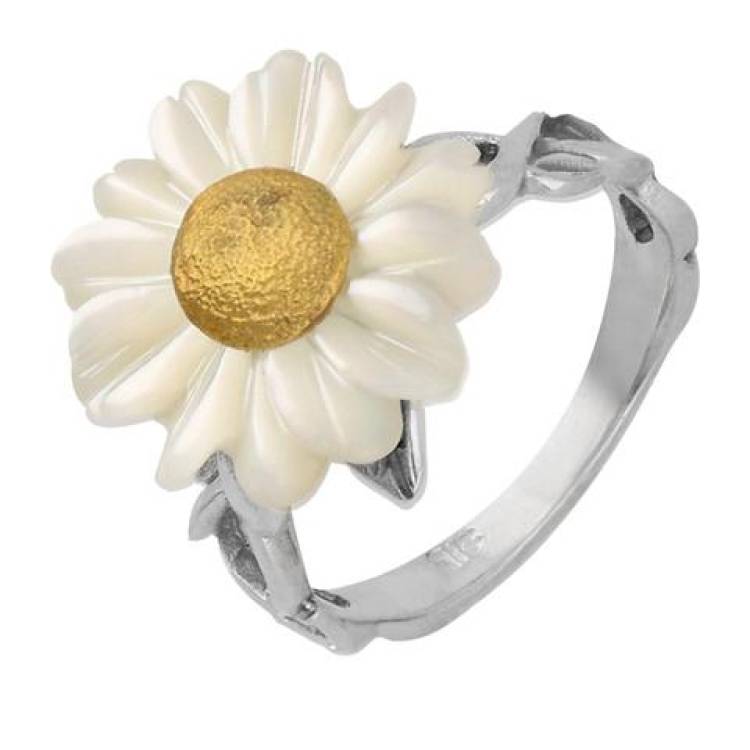 Sterling Silver and Yellow Gold White Mother Of Pearl Tuberose 16mm Daisy Ring - Option1 Value Yellow Gold