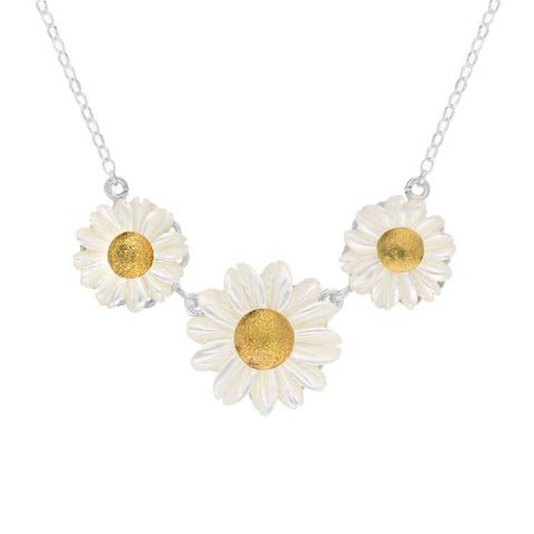 Sterling Silver and Yellow Gold White Mother Of Pearl Tuberose Triple Daisy Necklace - Option1 Value Yellow Gold