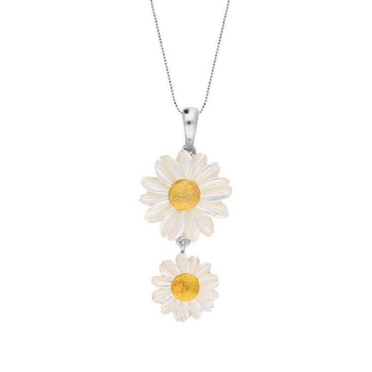 Sterling Silver and Yellow Gold White Mother Of Pearl Tuberose Twin Daisy Necklace - Option1 Value Yellow Gold