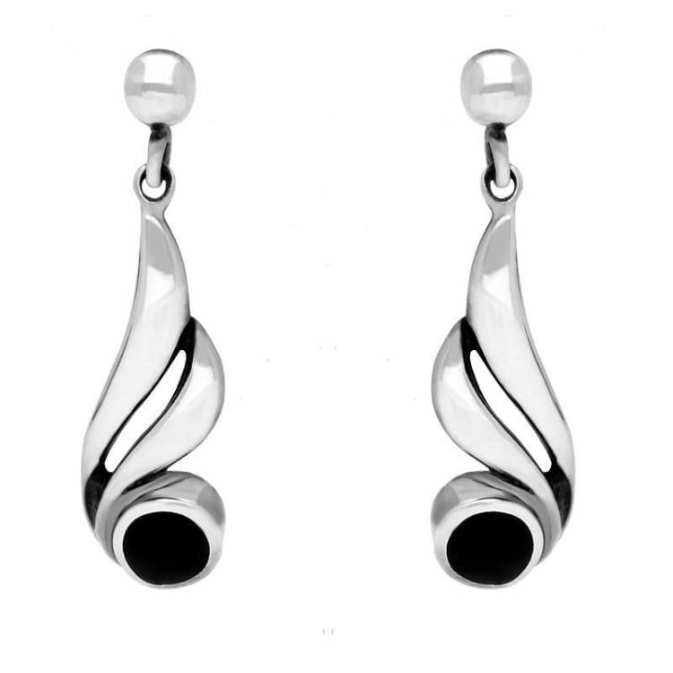 Sterling Silver Whitby Jet Double Twist Drop Earrings - Silver