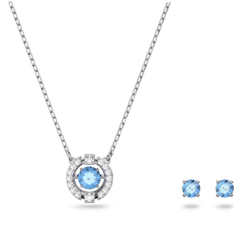 Swarovski Sparkling Dance Rhodium Plated Blue Crystal Pendant Earring Set - Silver