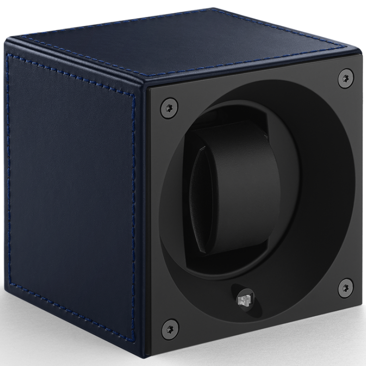 Swiss KubiK Watch Winder Single Dark Blue Leather Window Protection
