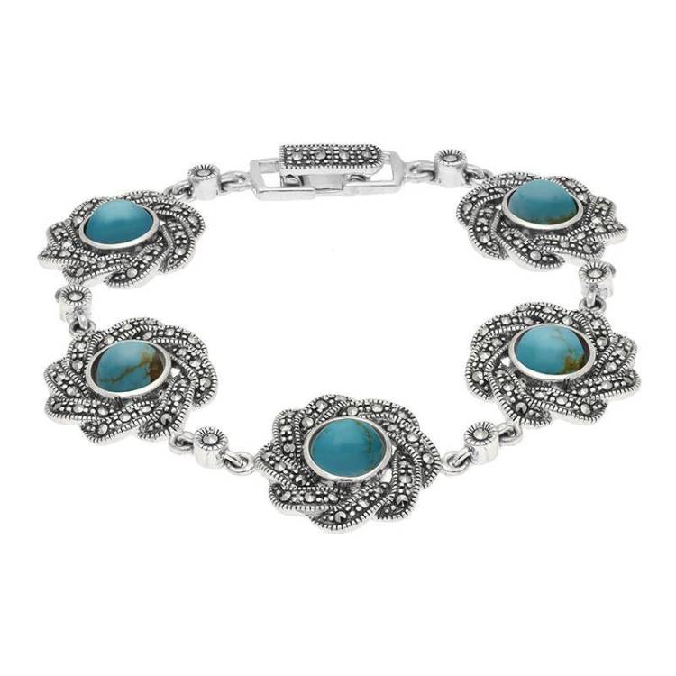 Sterling Silver Turquoise Marcasite Flower Link Bracelet - Silver
