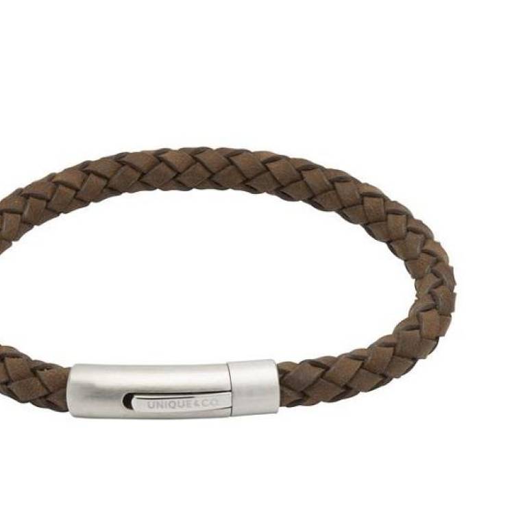 Unique & Co Brushed Stainless Steel Brown Leather Bracelet