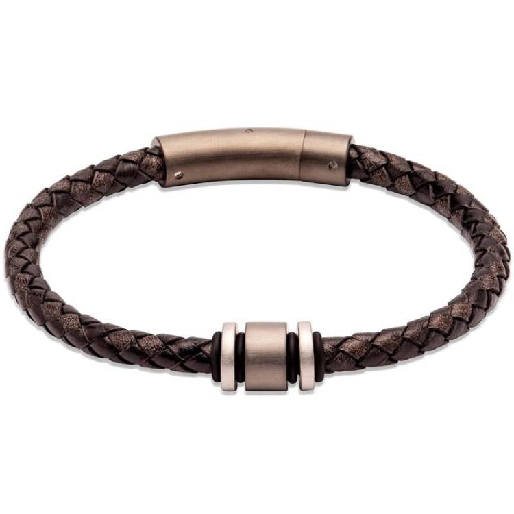 Unique & Co Matte Stainless Steel Black Leather Bracelet
