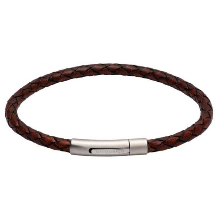 Unique & Co Matte Stainless Steel Dark Brown Leather Bracelet