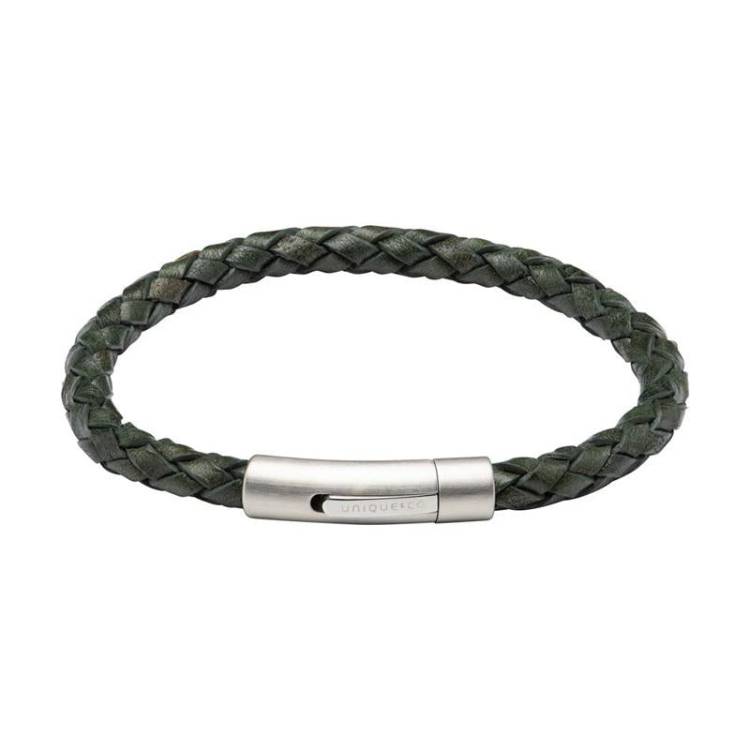 Unique & Co Matte Stainless Steel Dark Green Leather Bracelet