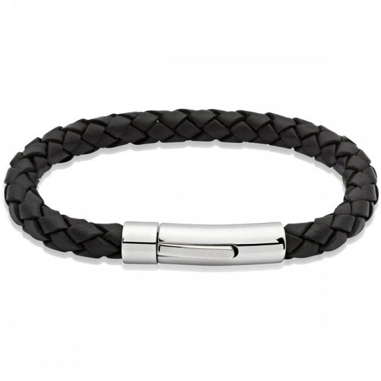 Unique & Co Stainless Steel Black Leather Bracelet