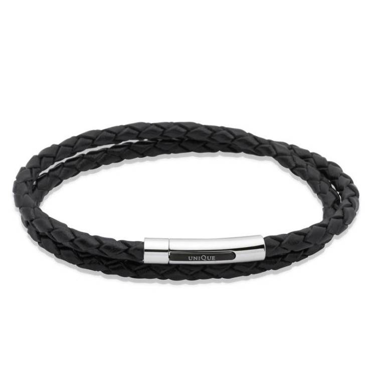 Unique & Co Stainless Steel Black Leather Double Bracelet