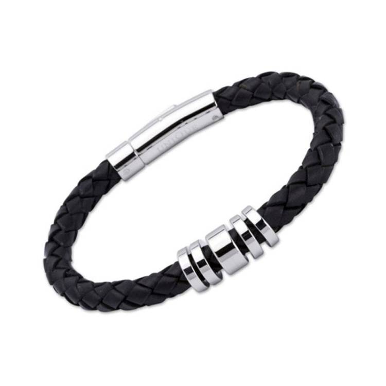 Unique & Co Stainless Steel Black Leather Steel Elements Bracelet