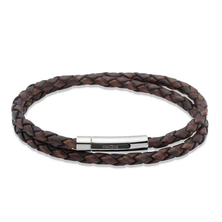 Unique & Co Stainless Steel Brown Leather Double Bracelet