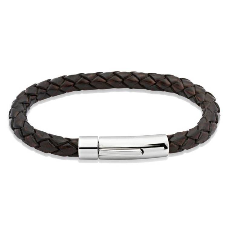 Unique & Co Stainless Steel Dark Brown Leather Bracelet
