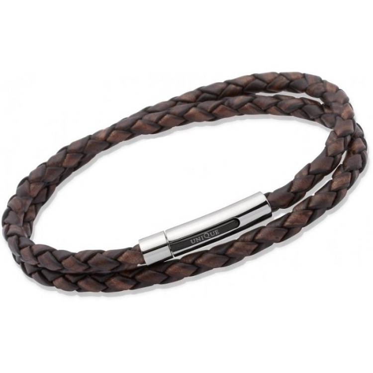 Unique & Co Stainless Steel Dark Brown Leather Double Wrap Bracelet