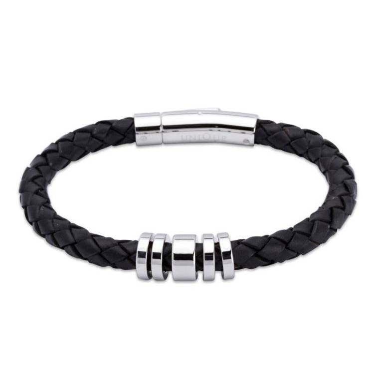 Unique & Co Stainless Steel Five Ring Black Leather Bracelet