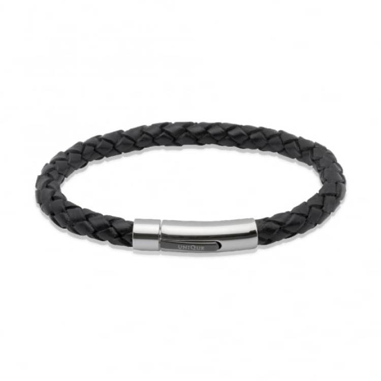 Unique & Co Stainless Steel IP Plating Black Leather Bracelet