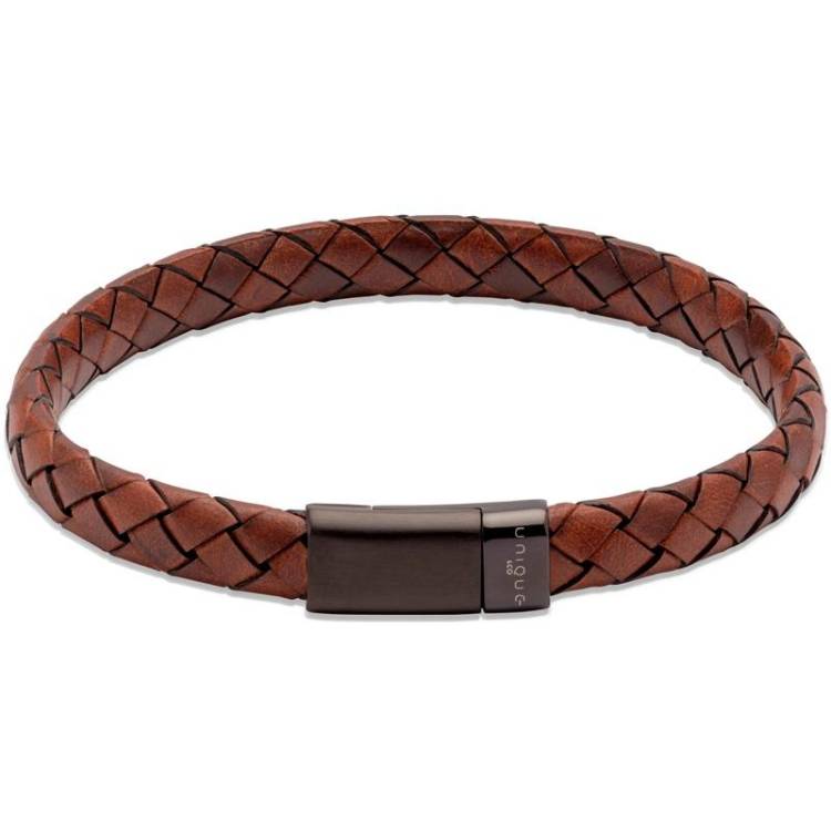 Unique & Co Stainless Steel Magnetic Clasp Cognac Leather Bracelet