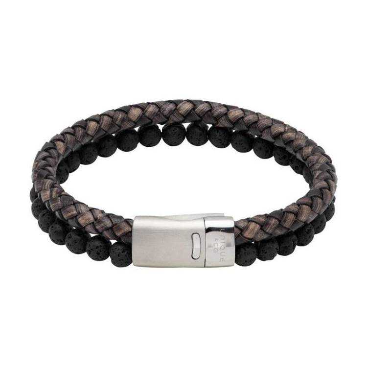 Unique & Co Stainless Steel Magnetic Clasp Lava Stone Black Leather Bracelet