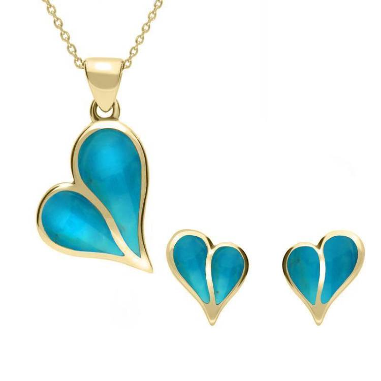 9ct Yellow Gold Turquoise Split Heart Two Piece Set - Gold