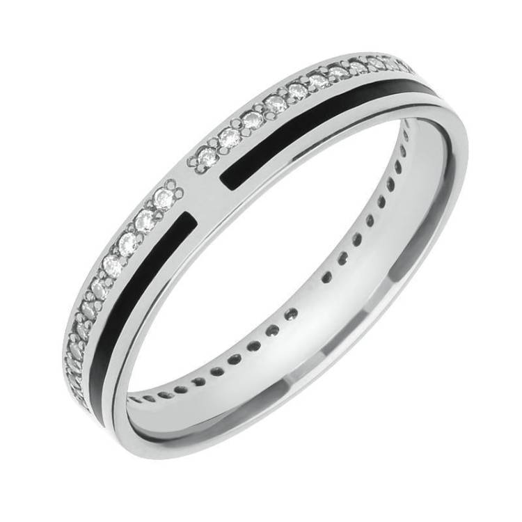 Platinum Whitby Jet Diamond Inlaid Wedding Band Ring - Silver