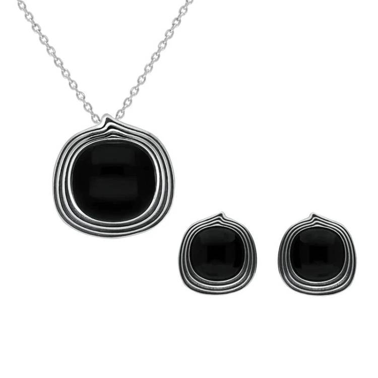 Sterling Silver Whitby Jet Cushion Stone pattern Edge Two Piece Set