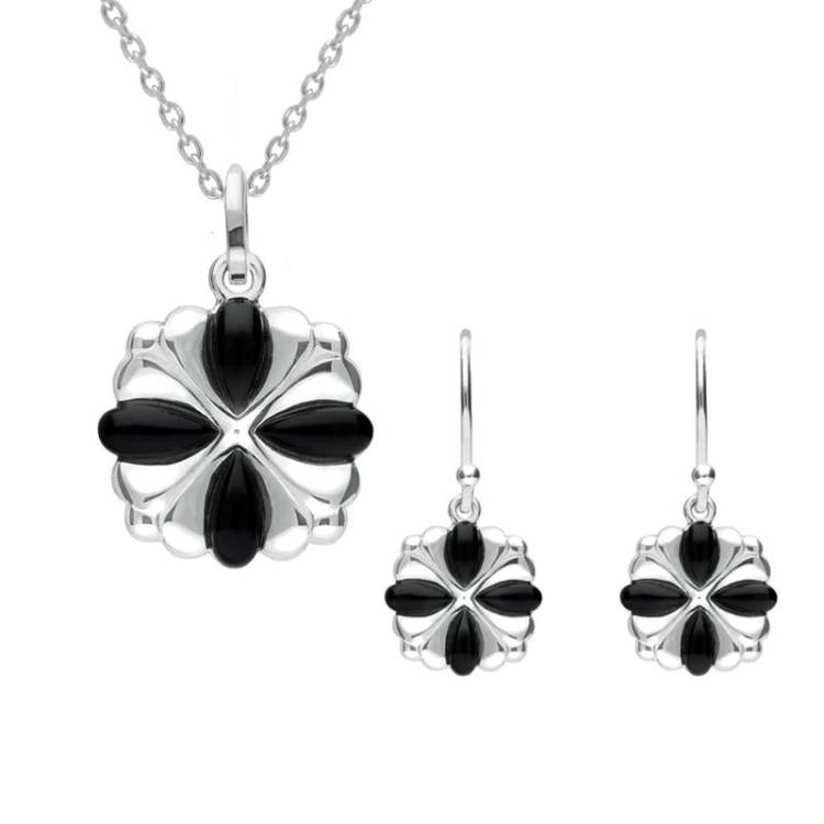 Sterling Silver Whitby Jet Four Stone Cross Two Piece Set