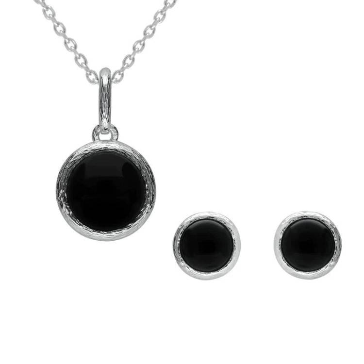 Sterling Silver Whitby Jet Round Stone Brushed Edge Two Piece Set