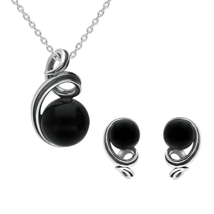 Sterling Silver Whitby Jet Round Open Loop Top Two Piece Set
