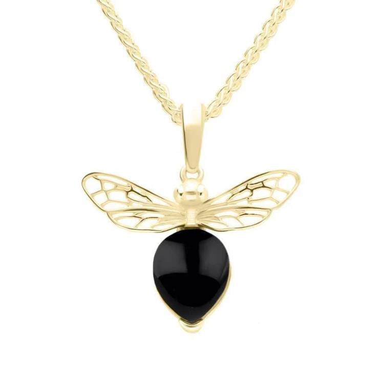 9ct Yellow Gold Small Whitby Jet Bee Necklace - Gold