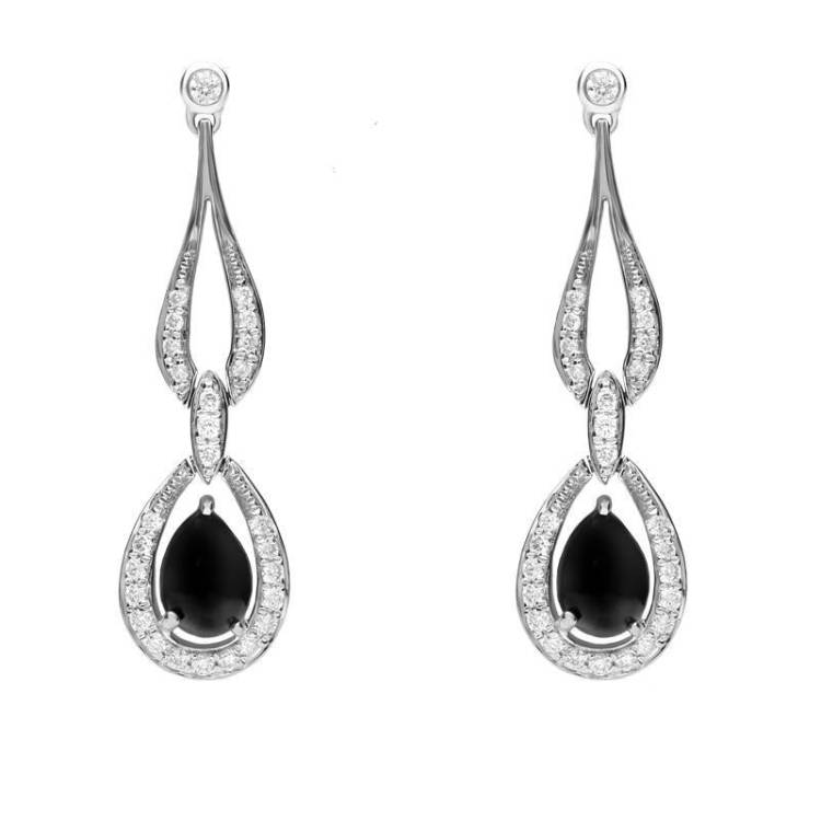 18ct White Gold Whitby Jet Diamond Loop Drop Earrings D - White Gold