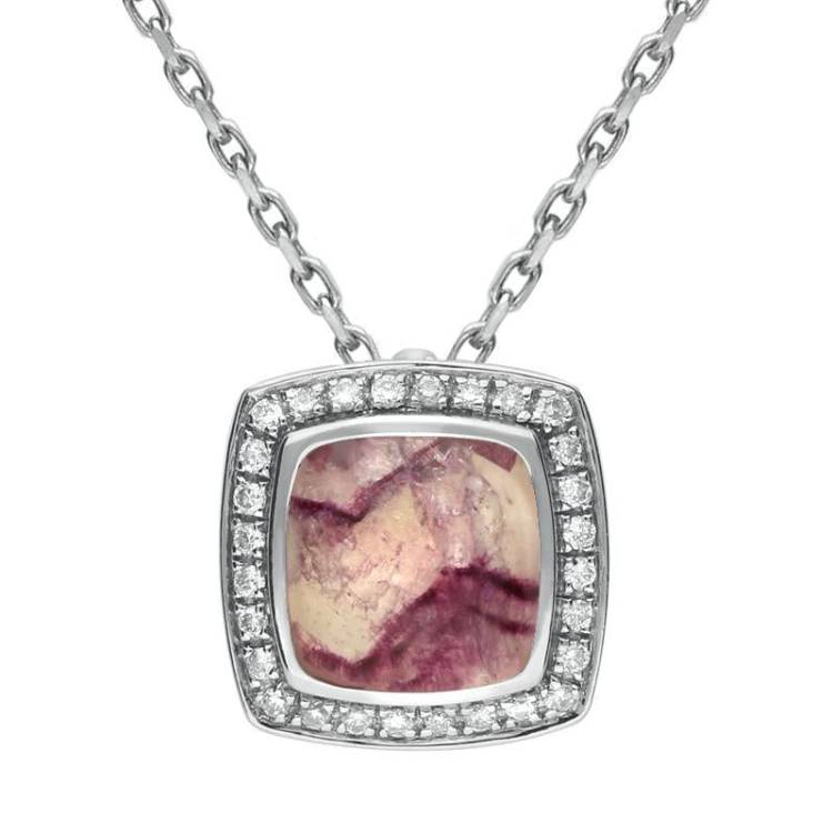 18ct White Gold Blue John Diamond Square Pave Edge Necklace D - White Gold