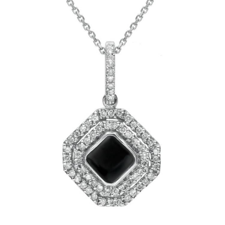 18ct White Gold Whitby Jet Diamond Double Row Octogon Shaped Necklace - White Gold