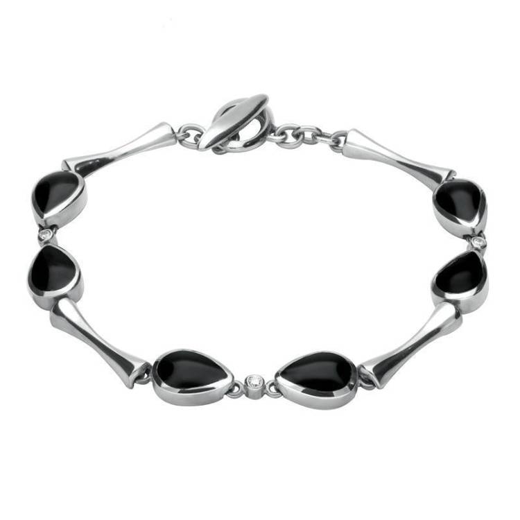 18ct White Gold Whitby Jet 0.09ct Diamond Six Stone Pear Bracelet