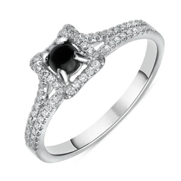 18ct White Gold Whitby Jet and Diamond Claw Set Centre Ring