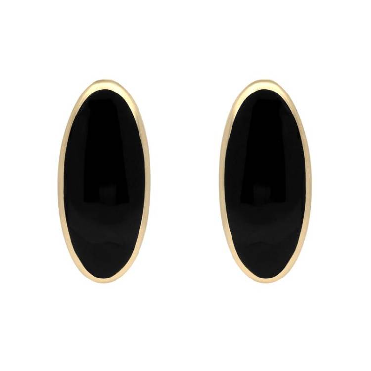 9ct Yellow Gold Whitby Jet Small Long Oval Stud Earrings