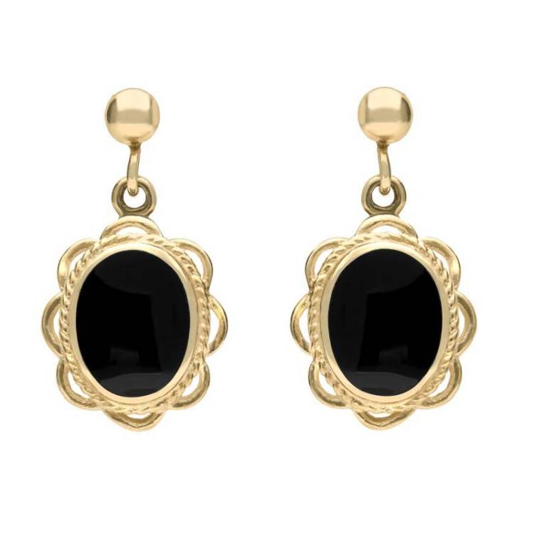 9ct Yellow Gold Whitby Jet Rope Oval Frill Drop Earrings