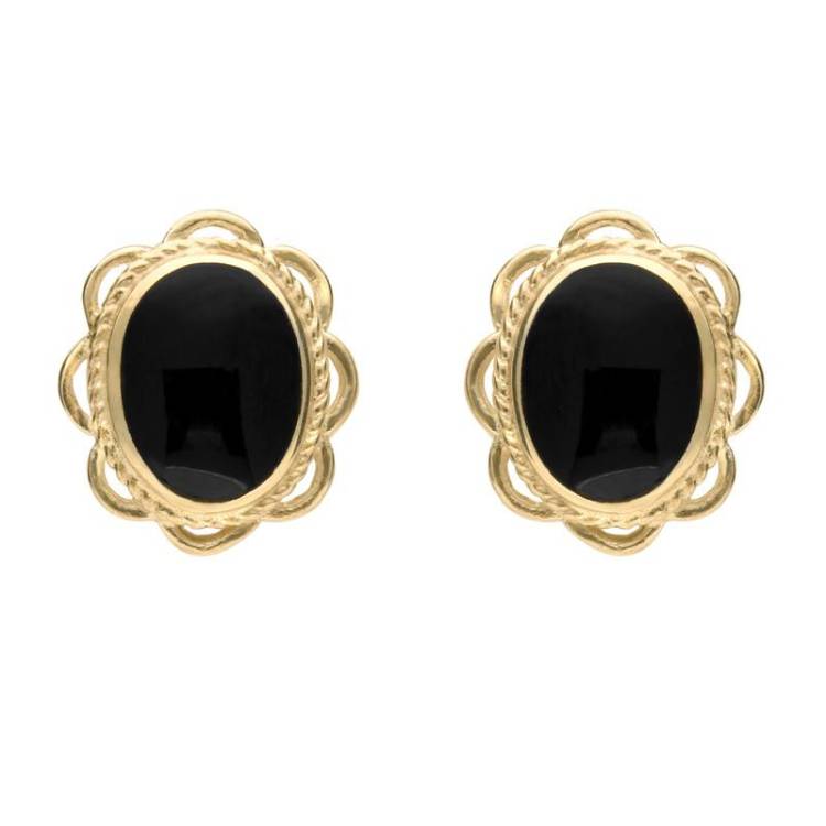 9ct Yellow Gold Whitby Jet Large Rope Oval Frill Stud Earrings