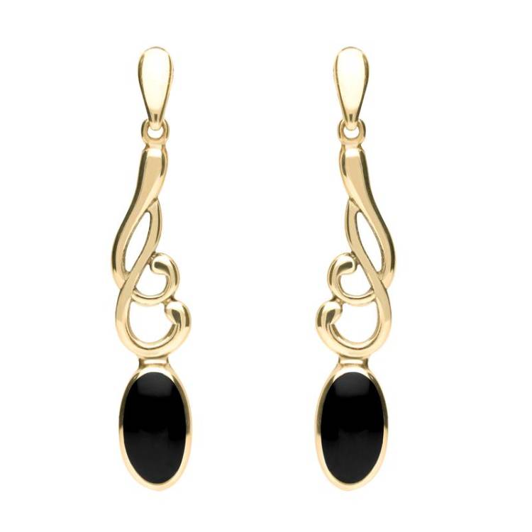 9ct Yellow Gold Whitby Jet Scroll Drop Earrings