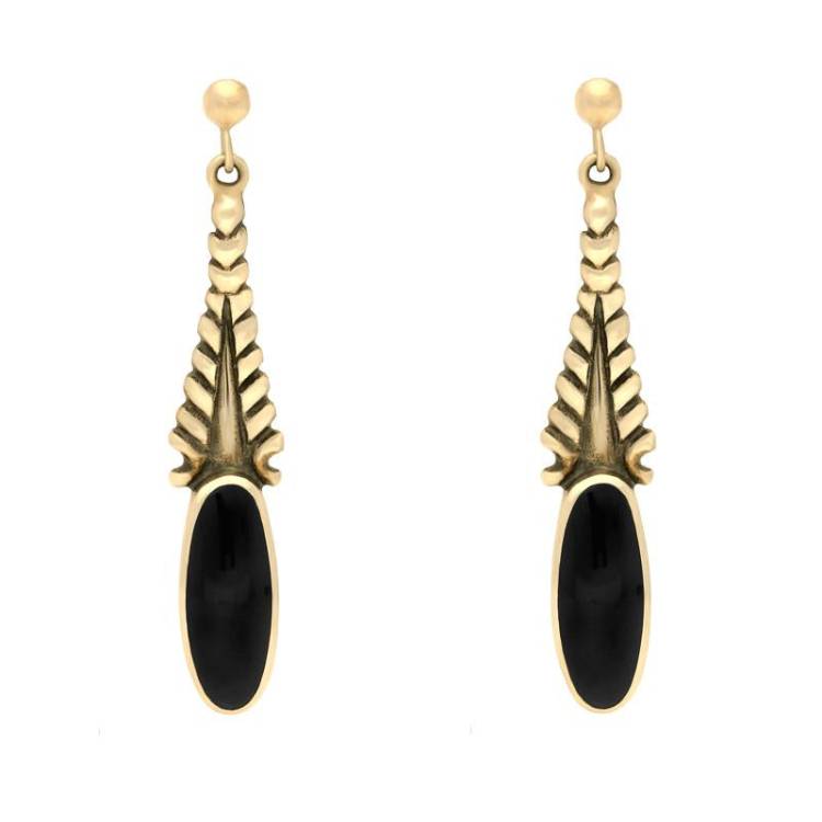 9ct Yellow Gold Whitby Jet Tapered Flute Drop Earrings