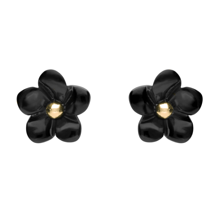 9ct Yellow Gold Whitby Jet Tuberose 8mm Flower Stud Earrings - Gold