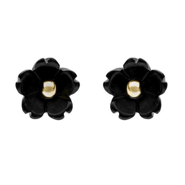 9ct Yellow Gold Whitby Jet Tuberose 6mm Flower Stud Earrings - Gold