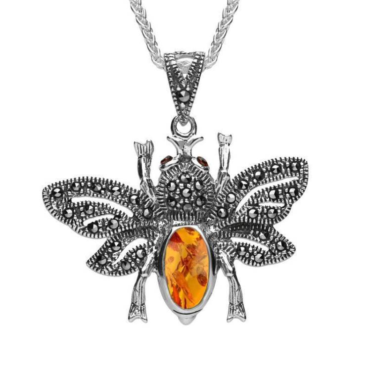 Sterling Silver Amber Marcasite Bee Necklace - Silver