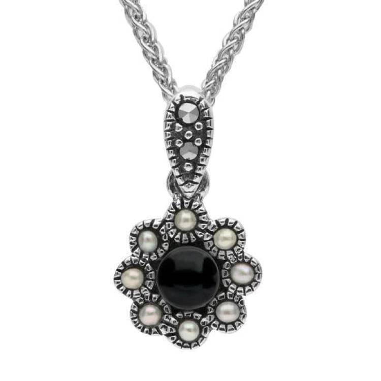 Sterling Silver Whitby Jet Marcasite Pearl Rounded Bead Edge Necklace - Silver