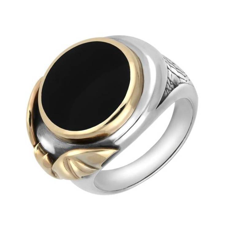 Sterling Silver 9ct Yellow Gold Whitby Jet Bat Signet Ring - Yellow Gold