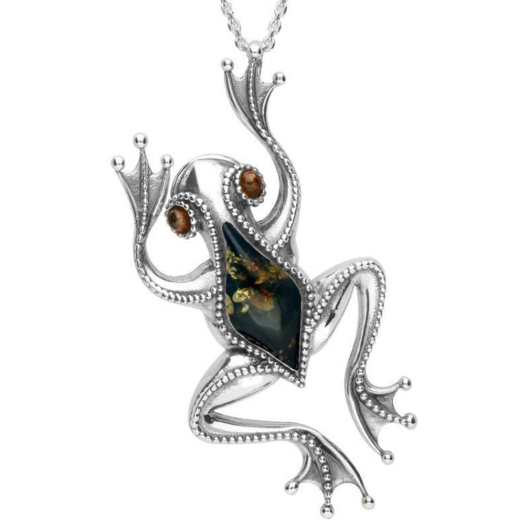 Sterling Silver Amber Bead Detail Large Frog Necklace - Green