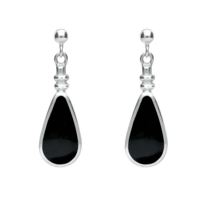Sterling Silver Whitby Jet Bottle Top Pear Drop Earrings - Silver