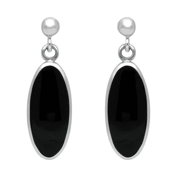 Sterling Silver Whitby Jet Light Long Oval Drop Earrings