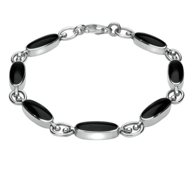 Sterling Silver Whitby Jet Long Oval Bracelet