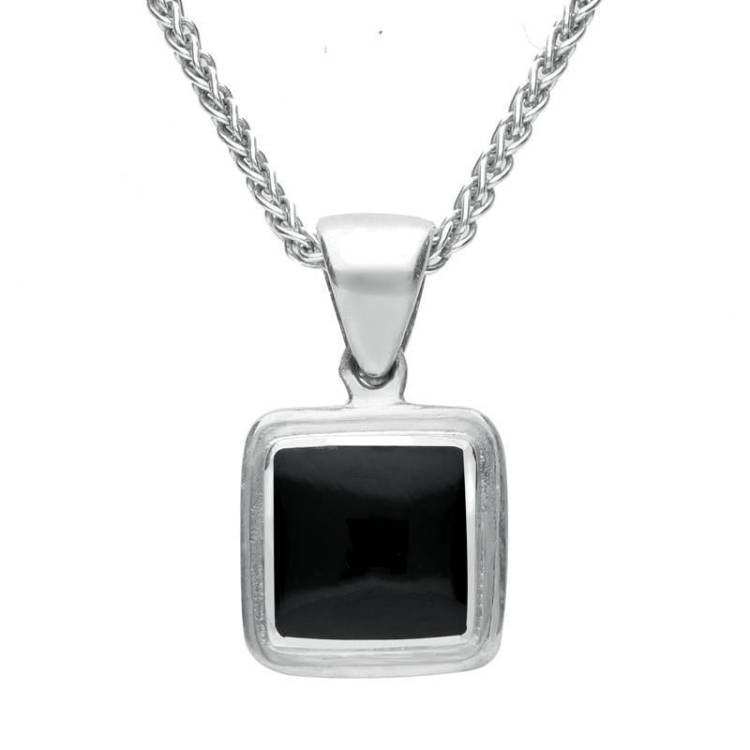 Sterling Silver Whitby Jet Ribbed Square Shape Necklace
