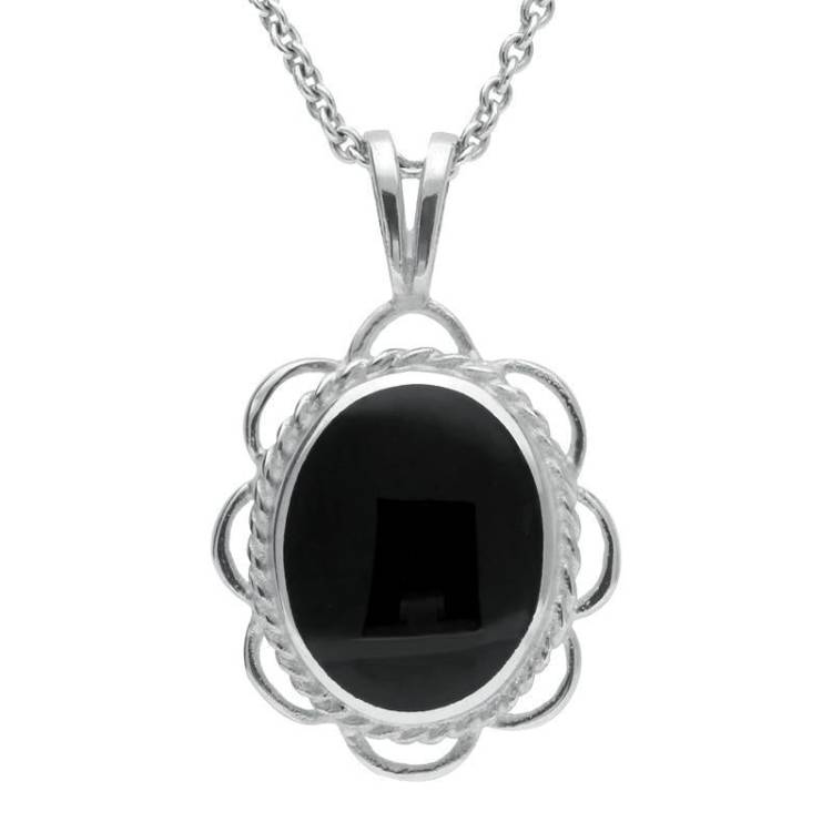 Sterling Silver Whitby Jet Rope Edged Oval Frill Necklace