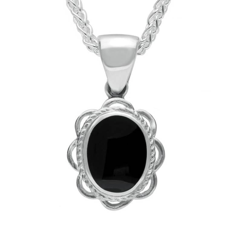 Sterling Silver Whitby Jet Rope Oval Frill Necklace